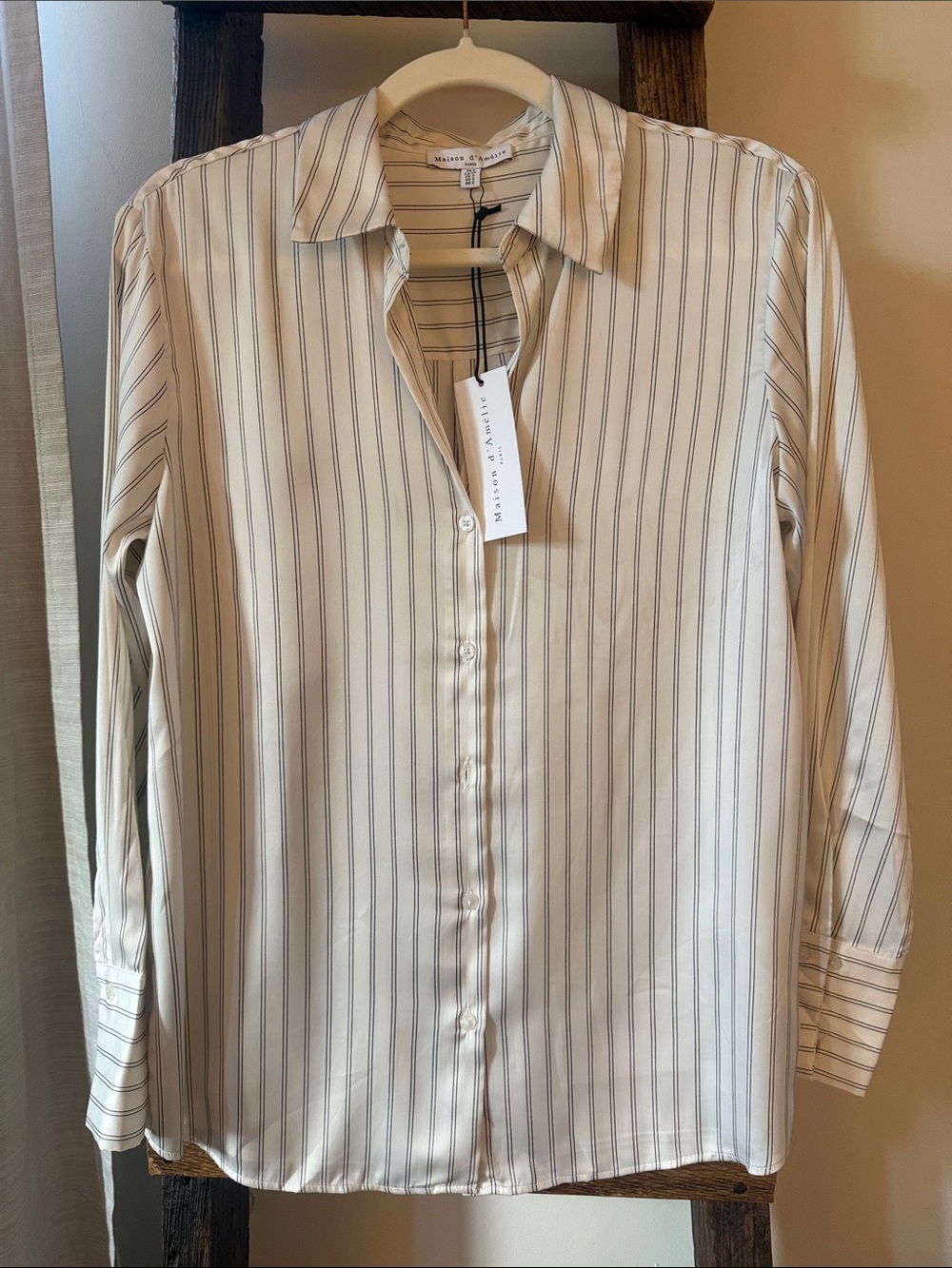 Madison D’Amelie Cream Button-Up Shirt with Navy Pinstripes
